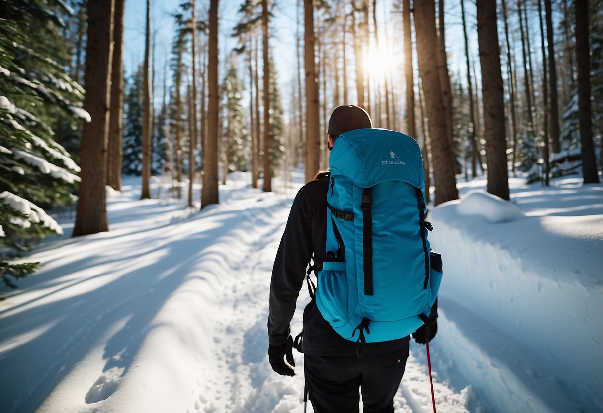 A snowy forest with a winding cross country ski trail. A water bottle nestled in a backpack, surrounded by snow-covered trees and a clear blue sky