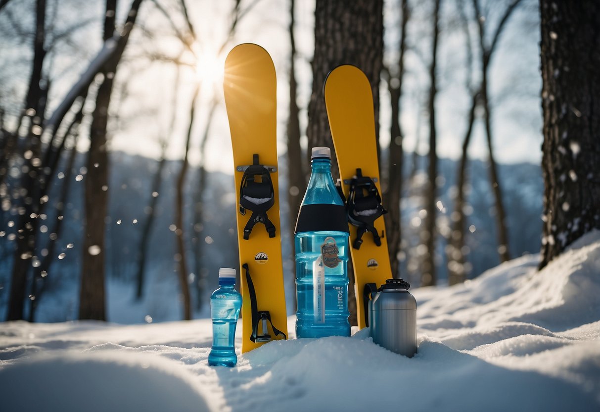 Skis propped against a snowy tree. A water bottle sits nearby, half-empty. Snowflakes fall gently in the background