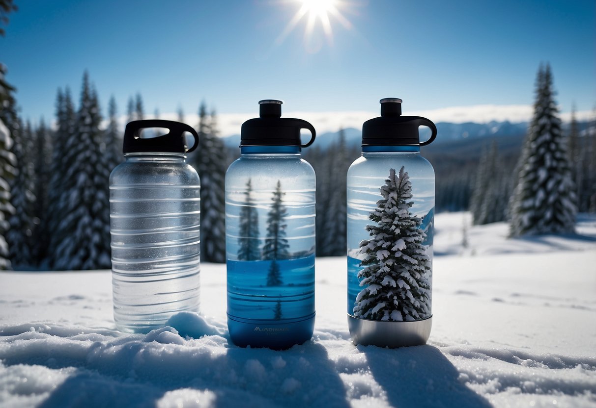 Insulated water bottles on snowy cross country ski trail. Snow-covered trees in background. Blue sky overhead