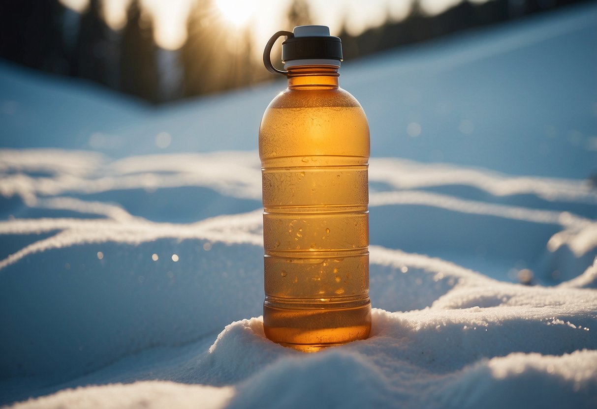 A water bottle with electrolyte tablets dissolving in water, surrounded by snow and ski tracks