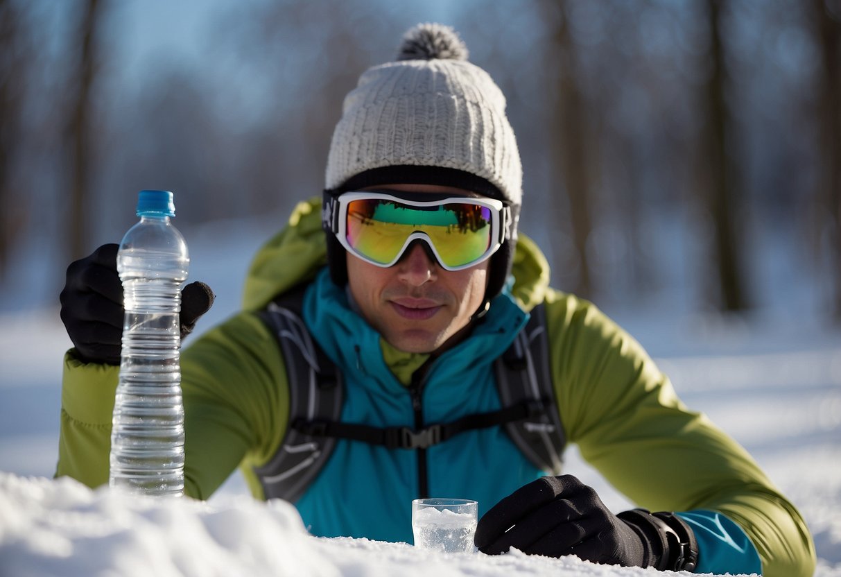 A skier takes small sips from a water bottle, surrounded by snowy cross country trails