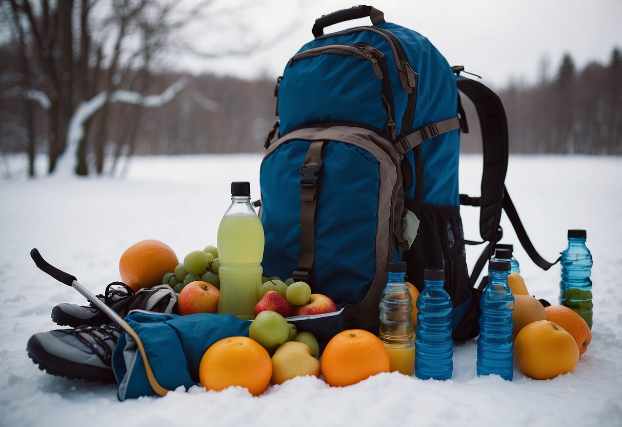 A backpack filled with fresh fruits and water bottles lies on the snowy ground, surrounded by a pair of cross country skis