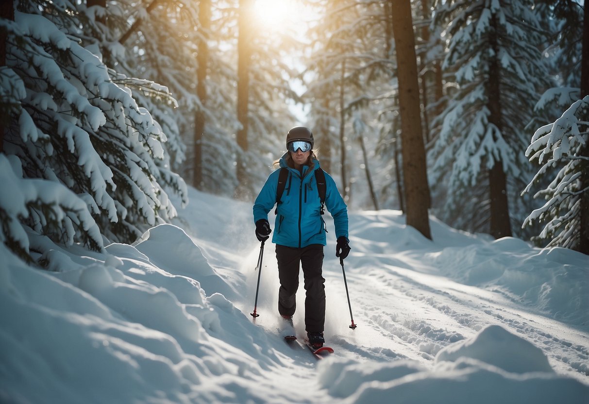 A person skiing through a snowy forest, with a water bottle and thermos nearby, avoiding caffeine and alcohol