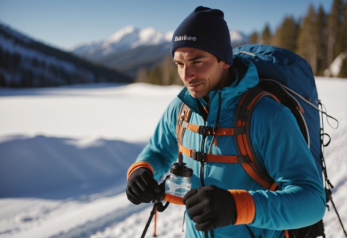 A cross country skier selects a hydration pack, filling it with water and adjusting the straps for a snug fit. The skier then sets off into the snowy landscape, staying hydrated during their journey