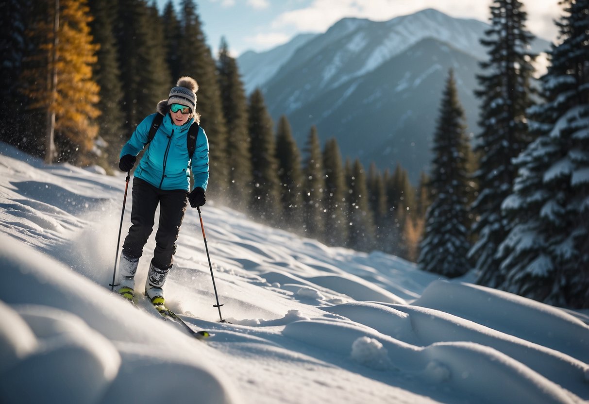 A snowy landscape with a person wearing cross country skiing gloves, surrounded by trees and mountains. Snowflakes are falling gently from the sky