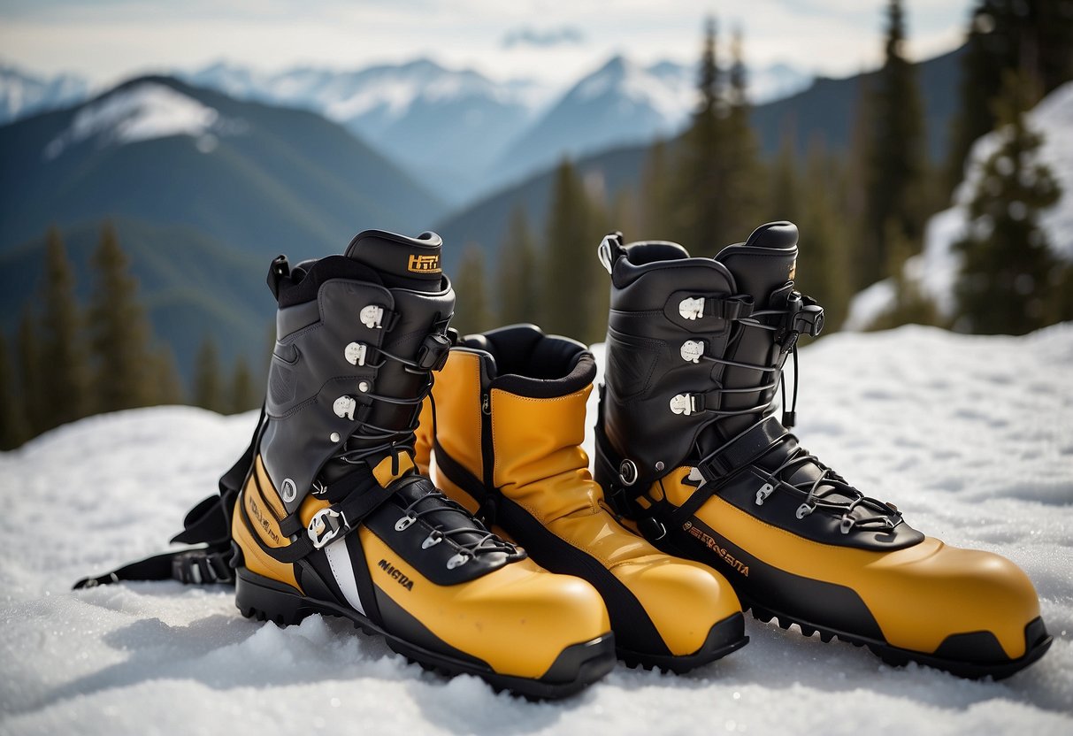 A pair of Hestra Army Leather Heli Ski Gloves lying on a snowy surface, with cross country skis and mountains in the background