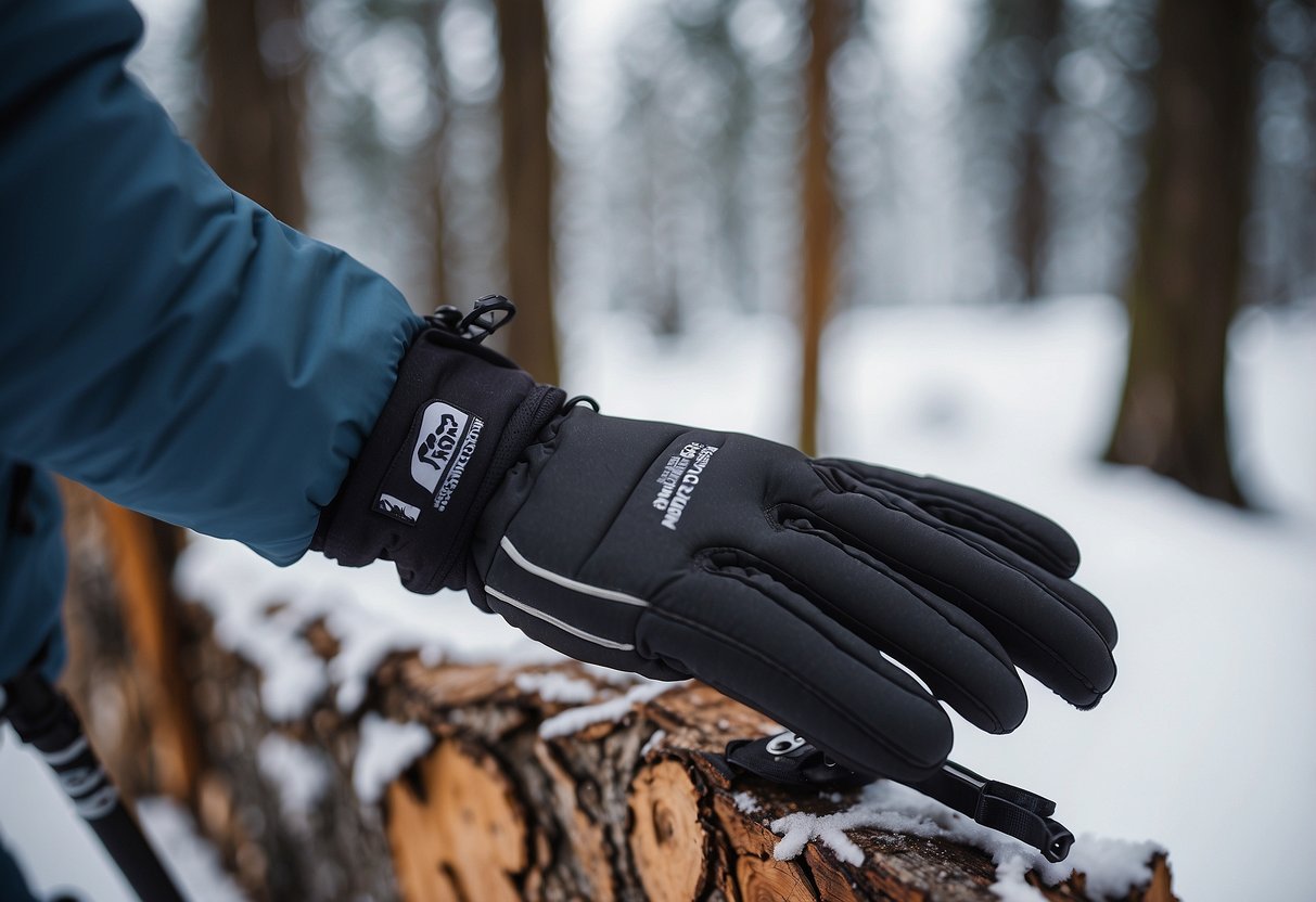 The Swany X-Cell II gloves are shown gripping a ski pole while gliding through a snowy, wooded cross-country skiing trail. The gloves feature durable material and protective padding for a comfortable and secure fit