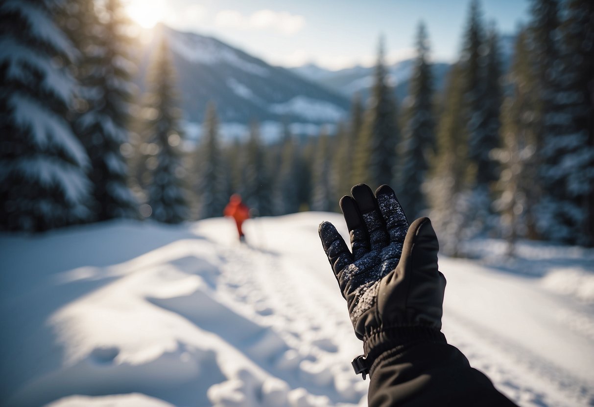 A snowy landscape with a skier wearing protective gloves, surrounded by trees and mountains, with a clear focus on the gloves' features