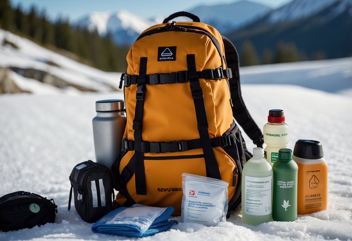 A backpack open on snow, displaying first aid items: bandages, antiseptic wipes, splint, whistle, and emergency blanket. Ski tracks in the background