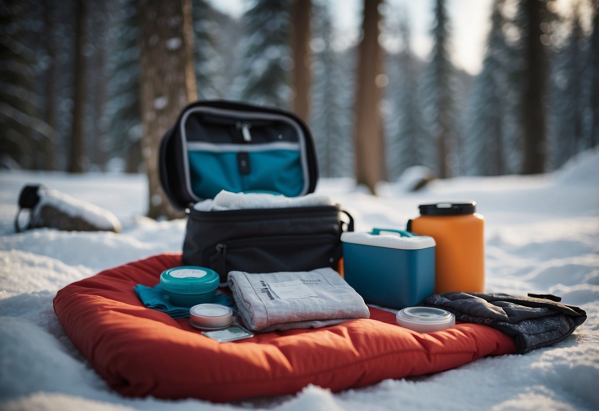 A thermal blanket lies next to a first aid kit in a snowy cross country skiing setting