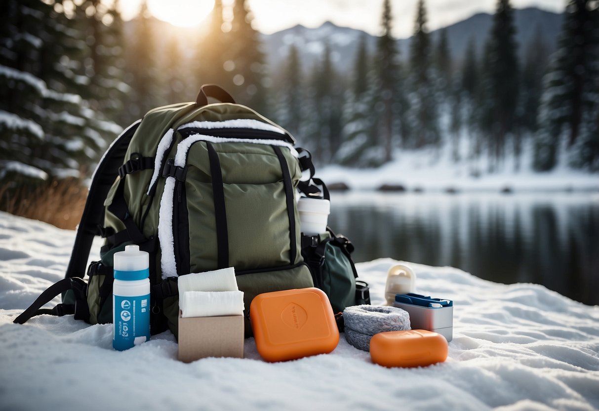 A snowy landscape with a backpack open, revealing adhesive bandages, along with other first aid items like a thermal blanket and a whistle