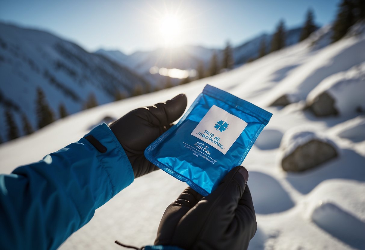 A hand reaches for a blue instant cold pack among essential first aid items for cross country skiing