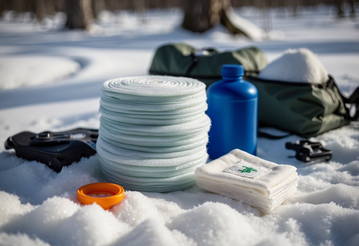 A pile of sterile gauze pads, alongside other first aid items, on a snowy cross country skiing trail