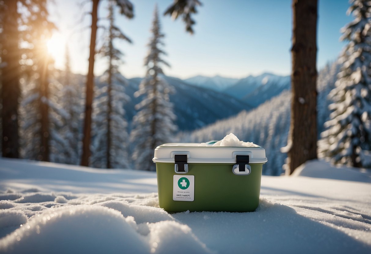 A snowy landscape with a ski trail winding through the trees. A first aid kit open, displaying hydrocolloid dressings and other essential items