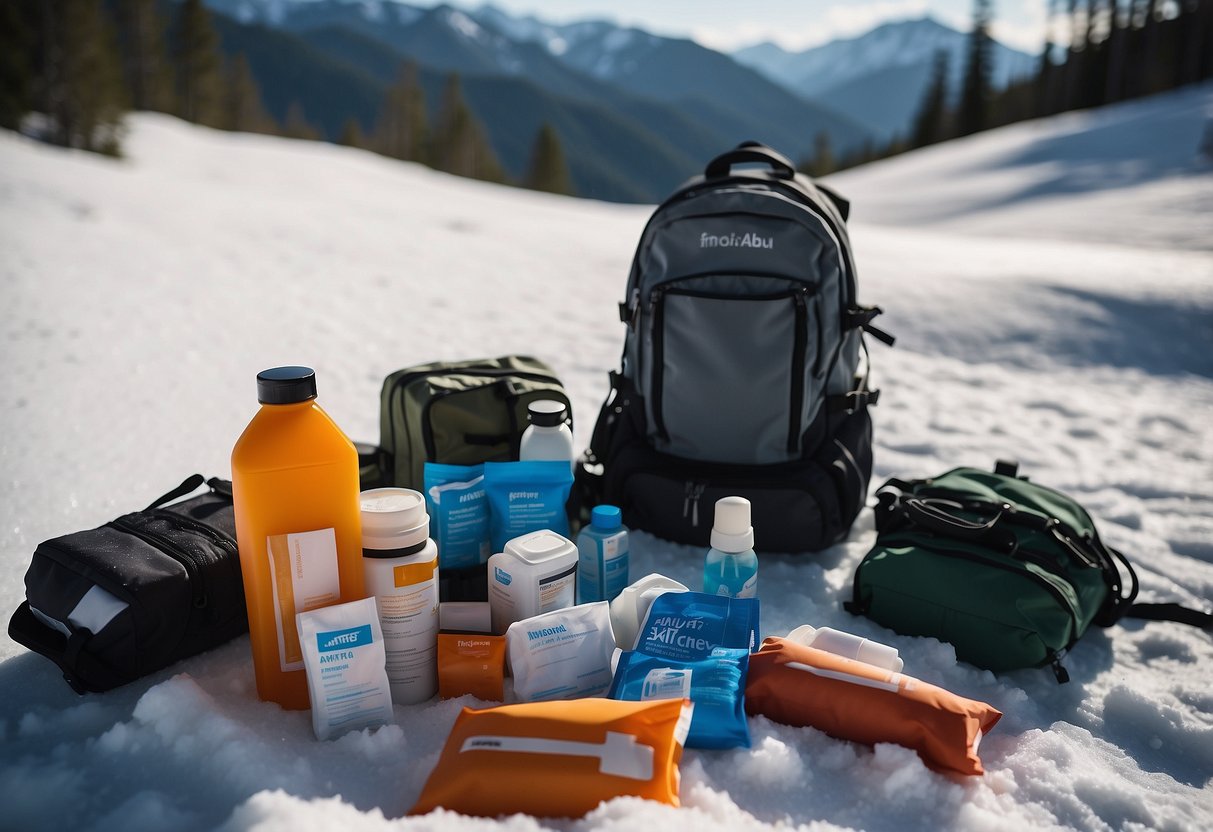 A snowy landscape with a backpack open to reveal antiseptic wipes, surrounded by other first aid items for cross country skiing