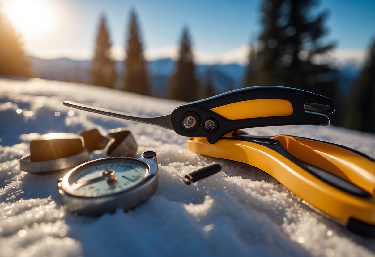 A pair of tweezers sits among first aid items for cross country skiing