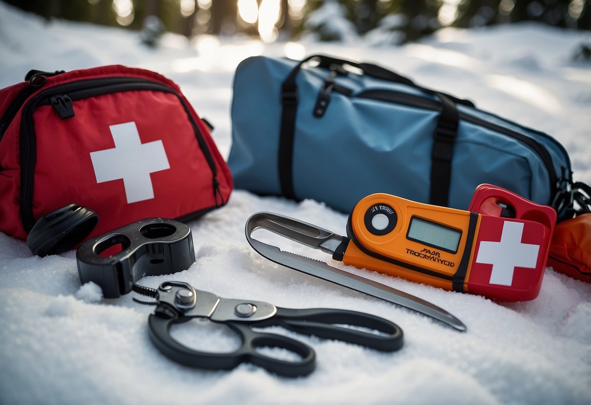 A pair of trauma shears lies next to a first aid kit, surrounded by essential items for cross country skiing. Snow-covered trees and a trail can be seen in the background