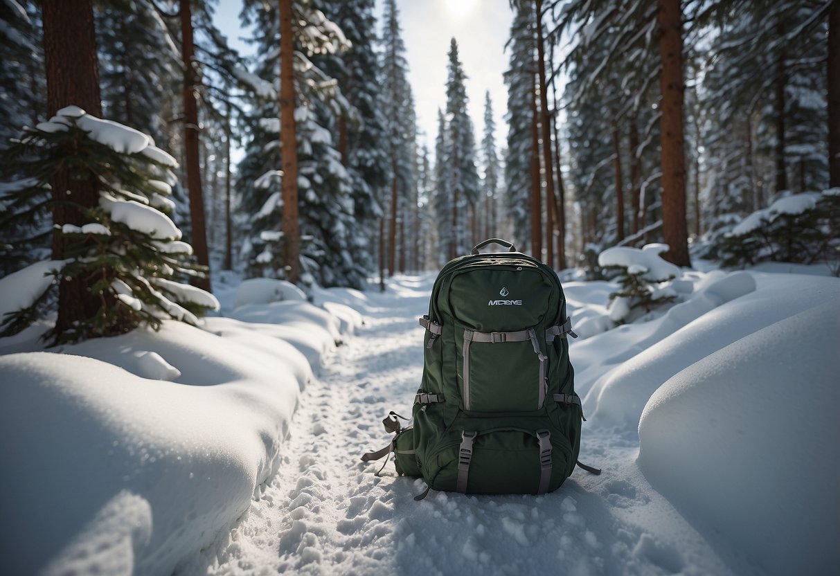 A snowy trail winds through a forest, with ski tracks leading into the distance. A backpack sits on the ground, open to reveal first aid supplies