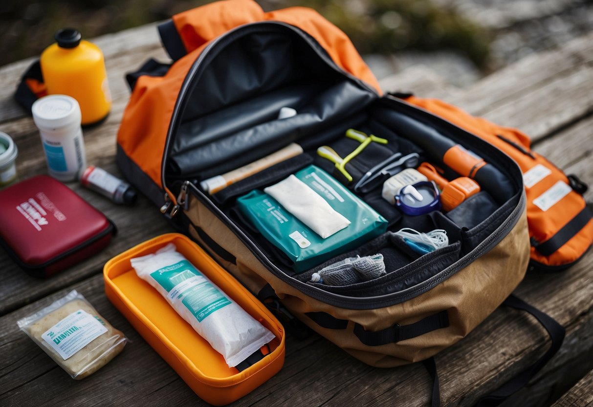 A cross country skier's backpack open, revealing 10 essential first aid items neatly organized inside: bandages, antiseptic wipes, gauze, scissors, adhesive tape, tweezers, pain relievers, blister treatment, CPR mask