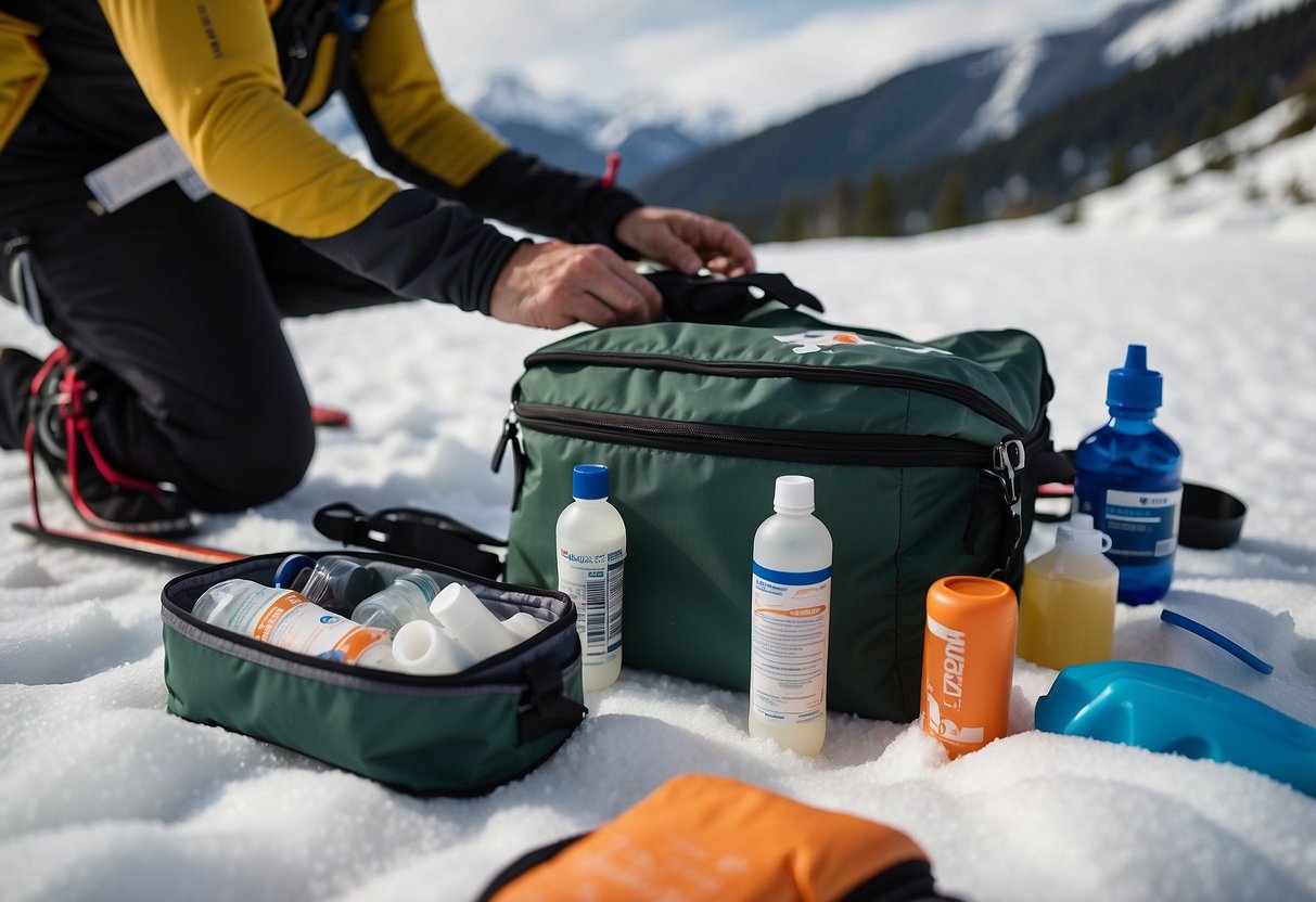 A cross country skier packing first aid items into a backpack: bandages, antiseptic wipes, pain relievers, blister treatment, and emergency whistle