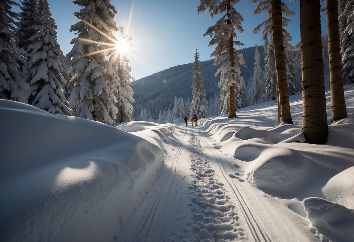 Skiers glide through snowy forests, following marked trails. Trees line the path, and the sun casts long shadows. The trail winds through hills and valleys, offering stunning winter views