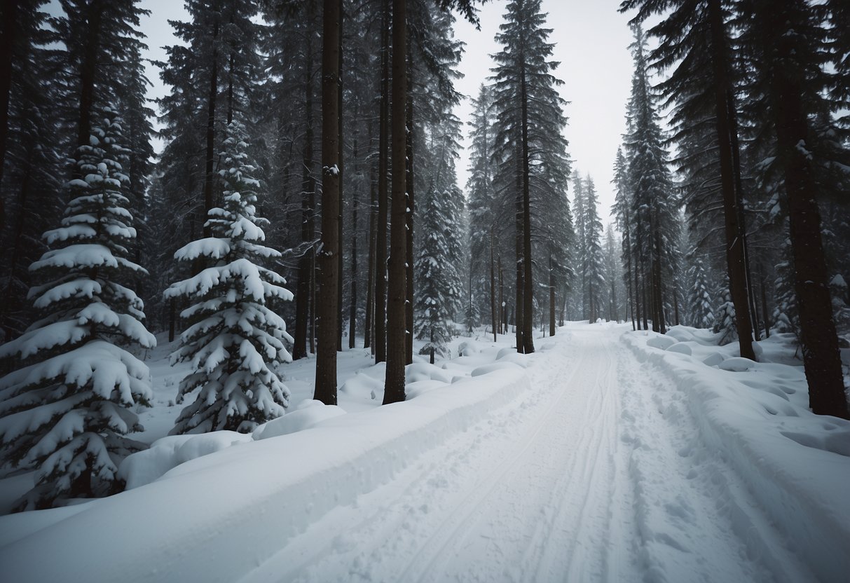 A snowy forest trail with clear, well-marked signage. Ski tracks lead through the trees, with a serene atmosphere and a sense of adventure