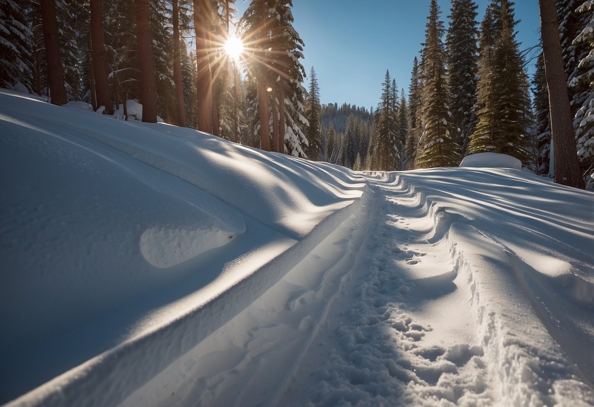 A snowy trail winds through a forest, with ski tracks cutting through the fresh powder. Tall trees line the path, and the sun casts long shadows on the pristine snow