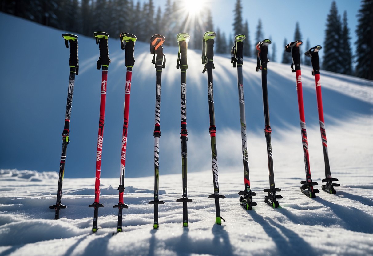 Five pairs of cross country ski poles arranged in a row on a snowy trail, with a forested background and clear blue sky