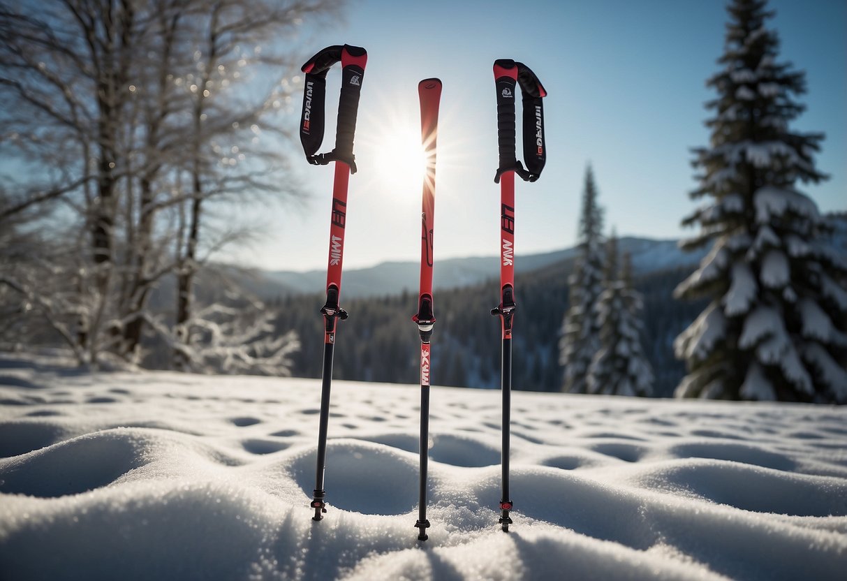 A pair of Swix Quantum One 5 cross country ski poles resting against a snow-covered tree, with a trail winding through the winter landscape