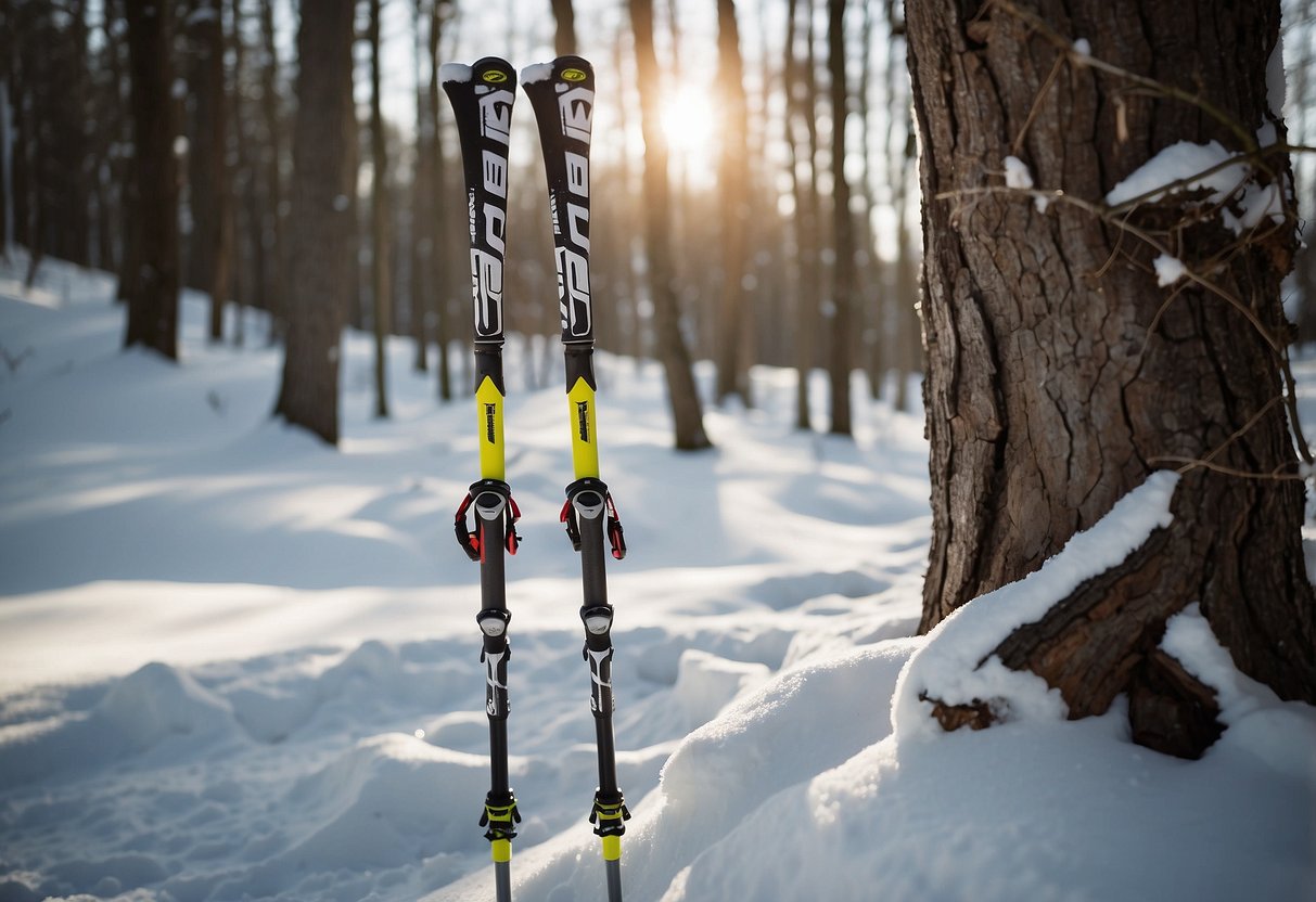 A pair of Leki PRC Max 5 cross country ski poles resting against a snow-covered tree, with a trail winding off into the distance