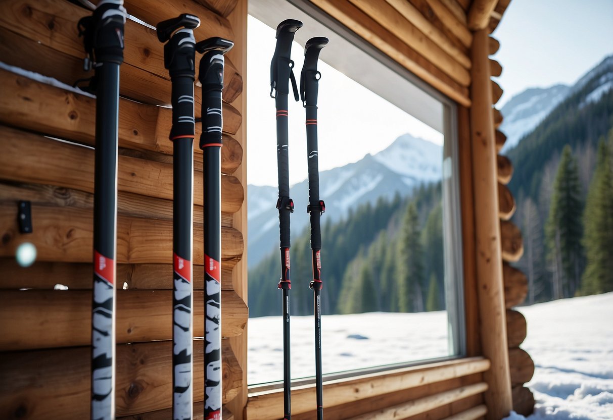 A pair of cross country ski poles leaning against a cabin wall, surrounded by snowy trees and a serene mountain landscape