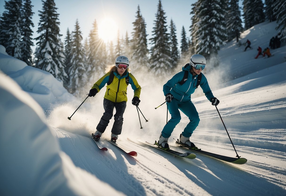 Skiers navigating through a slalom course. Jumping over small obstacles. Racing through a winding forest trail. Balancing on a narrow track. Skiing uphill with a challenging incline