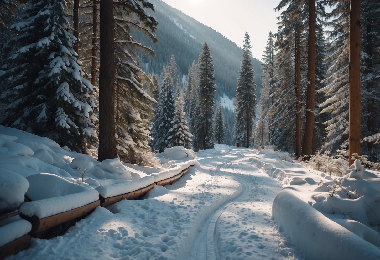 A snowy forest trail winds through the mountains, with ski tracks leading into the distance. A shooting range is set up nearby, with targets in the snow