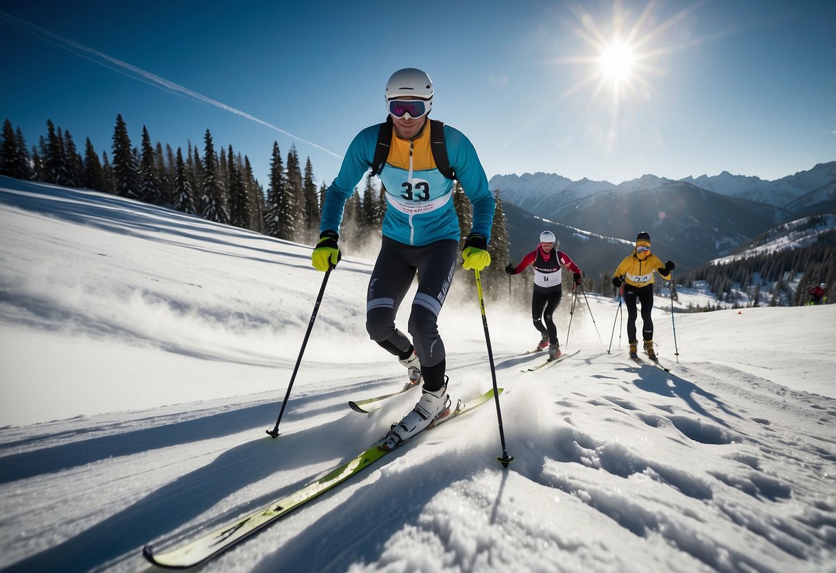 Skiers navigating through winding trails, tackling steep inclines, and weaving around obstacles in a high-altitude cross country skiing challenge