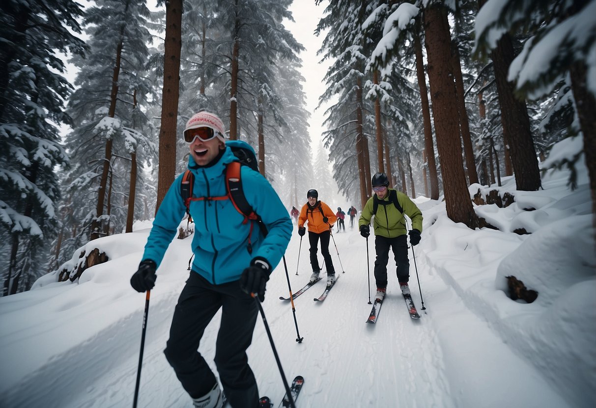 A group of skiers navigate through a snowy forest, weaving around trees and tackling fun cross country skiing challenges