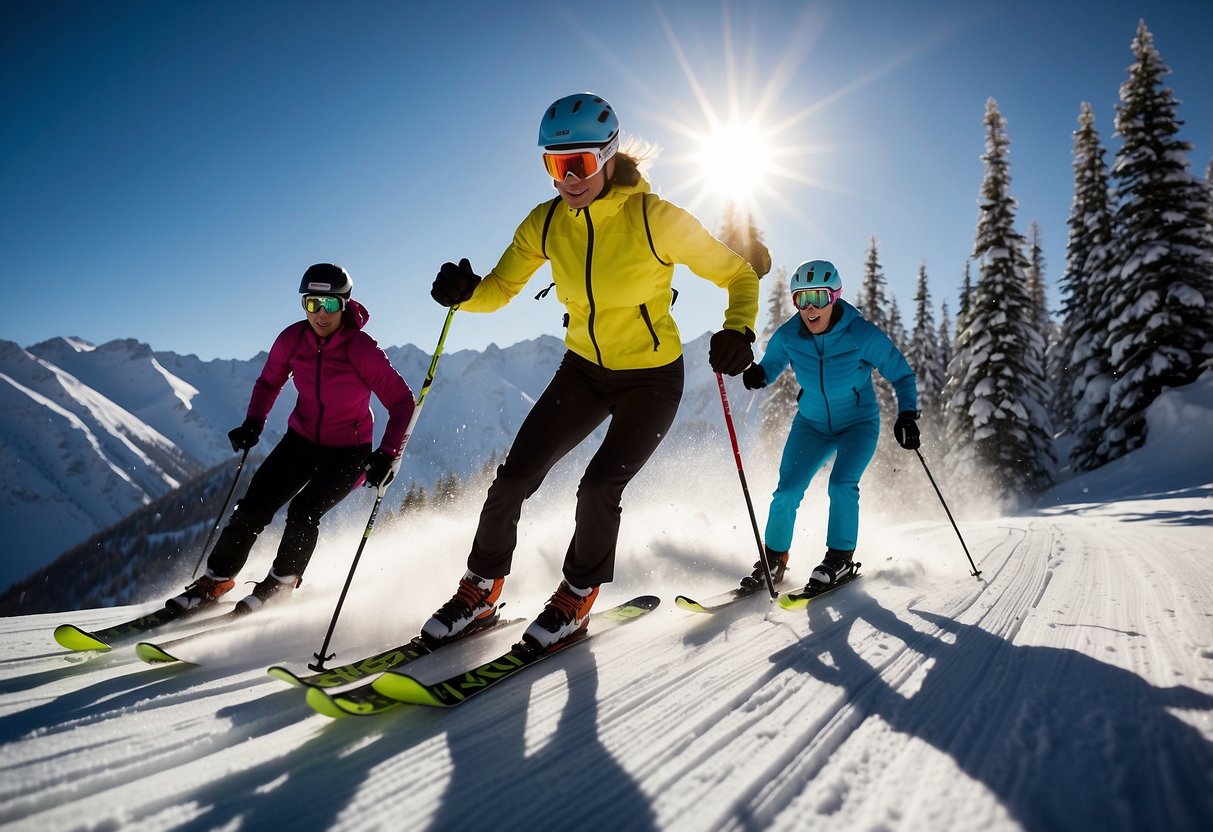 Skiers race down a snowy mountain, weaving through obstacles and taking on challenging terrain. The sun shines on the glistening snow, creating a picturesque backdrop for the exhilarating cross-country skiing adventure