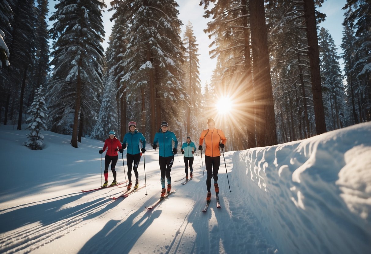 A group of cross country skiers race through a snowy forest, passing off a baton in a relay. The sun glistens off the snow as they navigate through the winding trails