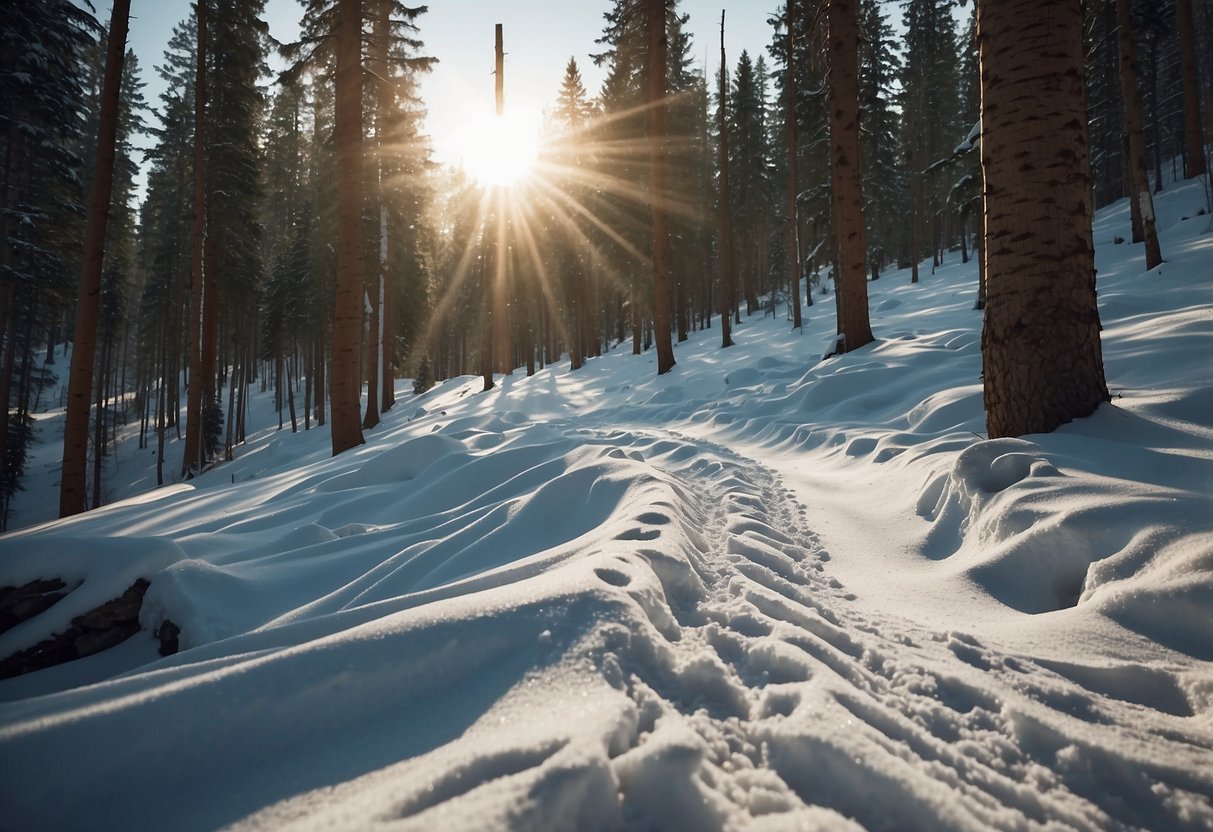 A winding ski track cuts through a snowy forest, with challenging obstacles and jumps scattered along the path. The sun shines down, casting long shadows on the glistening snow