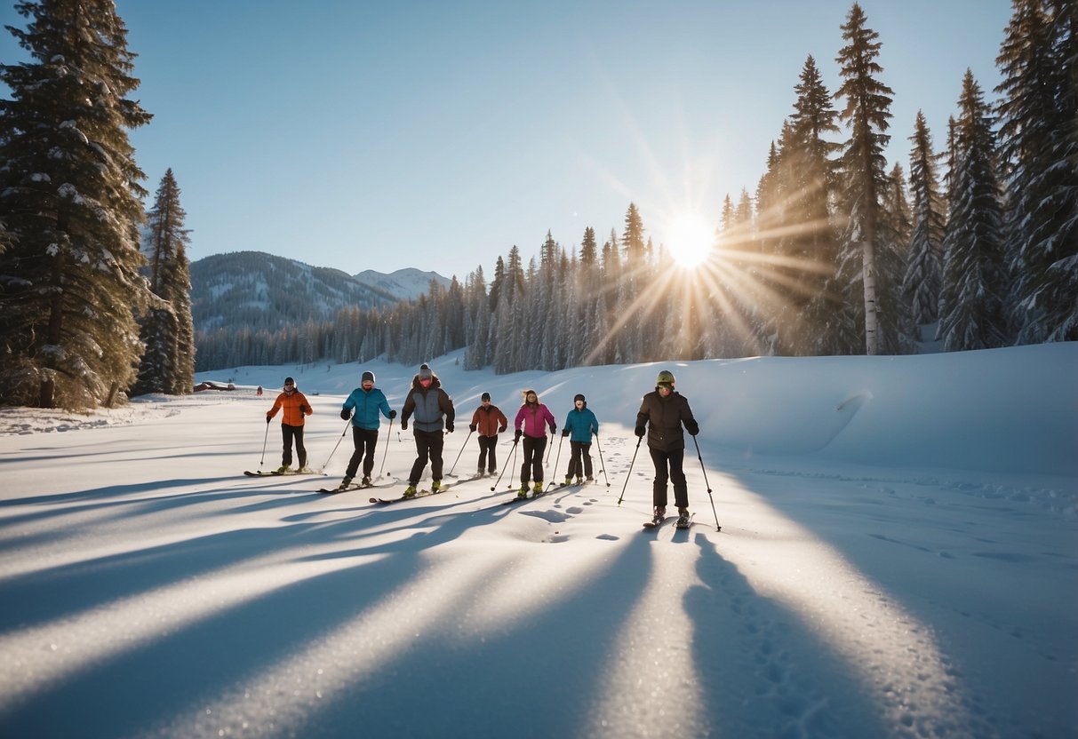 A group of skiers glide across a frozen lake, weaving through obstacles and taking on challenging terrain. Snow-covered trees line the shore, and the sun glistens off the icy surface