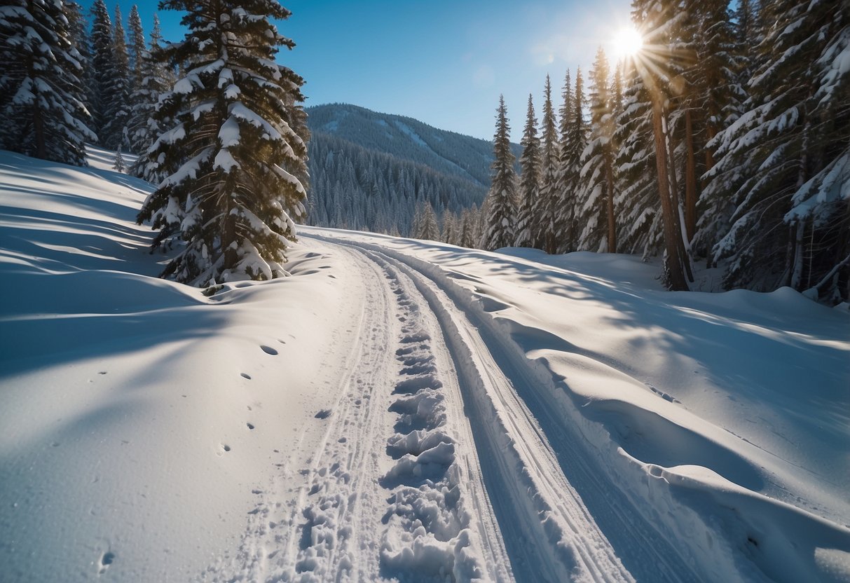 A snowy landscape with winding trails, pine trees, and a clear blue sky. Ski tracks crisscross the terrain, with challenging obstacles and diverse terrain features