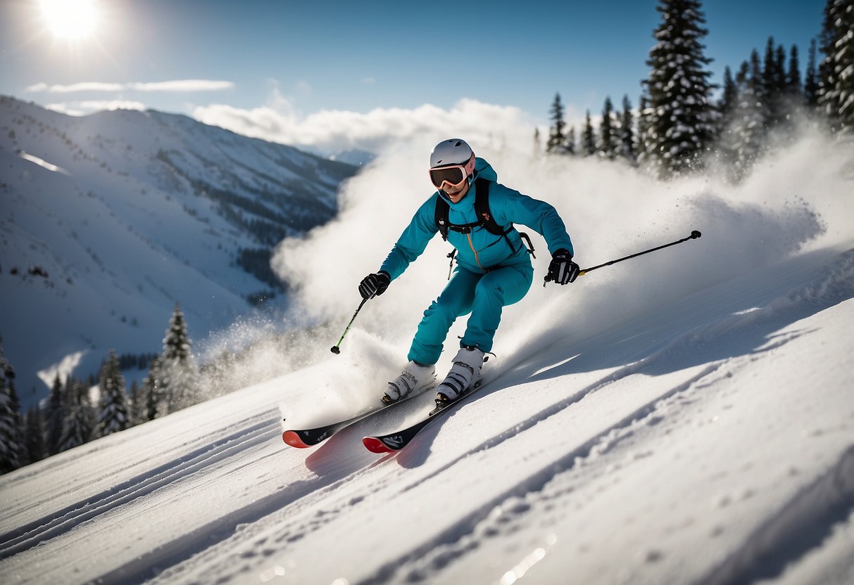 Skiers navigating through a variety of terrains, including hills, forests, and open fields. They are trying out different techniques and challenges such as skiing backward, maneuvering through obstacles, and performing small jumps