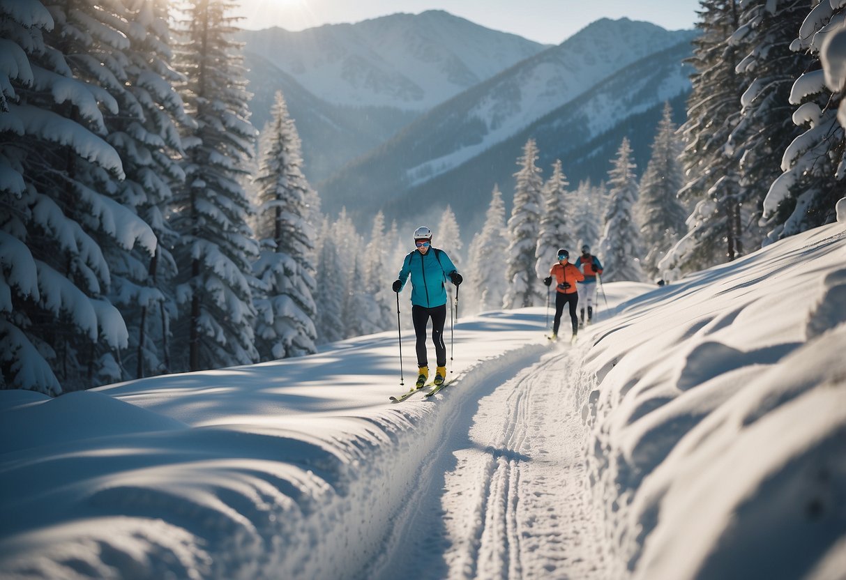 Skiers navigating through a variety of terrains, including winding trails, steep hills, and snowy forests, while enjoying the challenges of cross country skiing