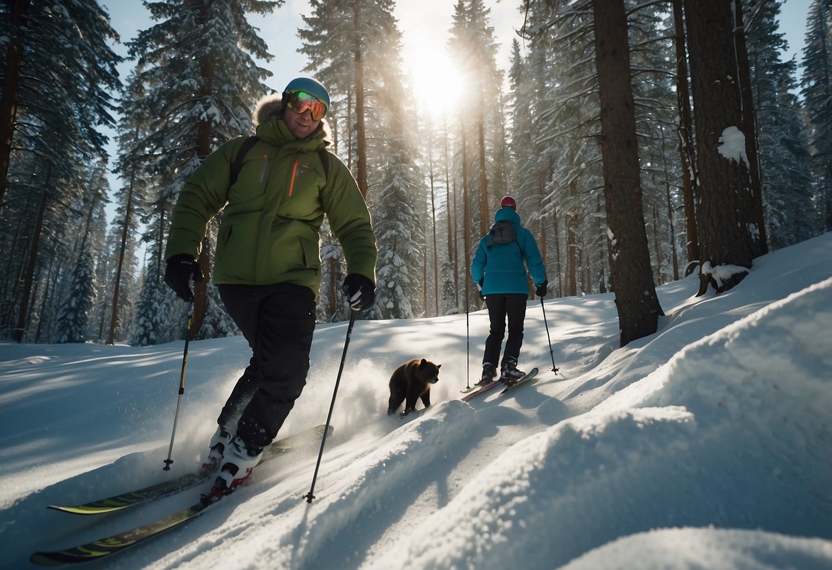 Skiers glide through snowy forest, wary of bear tracks. Sunlight filters through trees, casting long shadows. A bear sniffs around a distant clearing, as skiers cautiously continue their journey