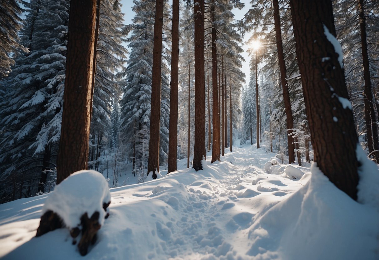 A snowy forest with ski tracks winding through the trees. A bear and her cubs are seen in the distance