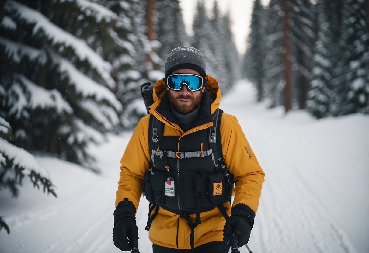 A skier holds bear spray while skiing through snowy forest with bear warning signs