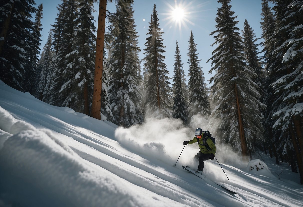 Skier glides through snowy forest, making noise to alert bears. Tips for skiing in bear country include using bear bells and traveling in groups