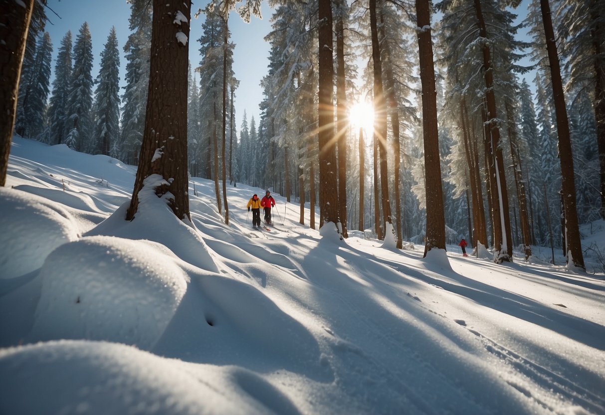 A group of skiers gliding through a snowy forest, surrounded by tall trees and the occasional glimpse of wildlife. The sun shines down, casting long shadows on the pristine white snow