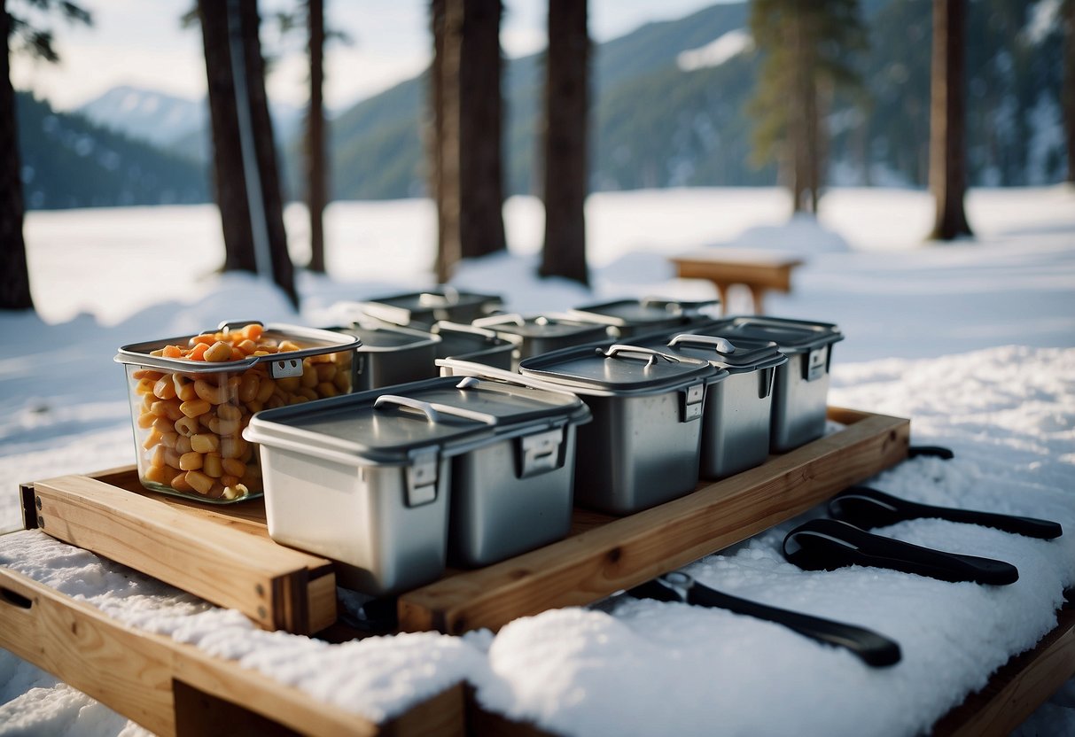 Food stored in bear-proof containers. Skis and poles laid out. Snow-covered trees in the background. Bear tracks visible in the snow