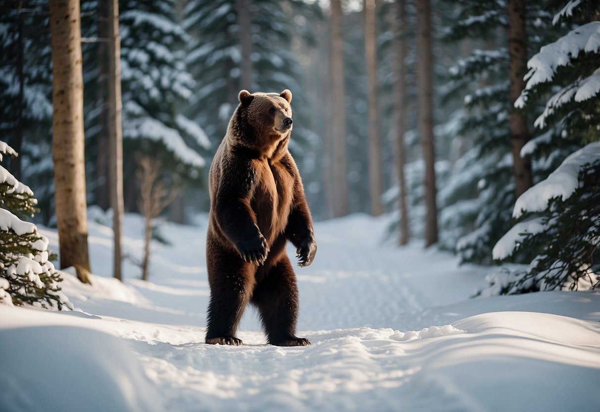 A bear stands on its hind legs, sniffing the air with its nose pointed upward. Ski tracks lead through the snowy forest, with bear tracks alongside