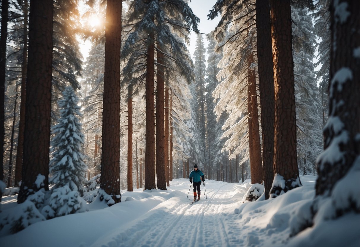 A cross-country skier glides through a snowy forest, surrounded by tall pine trees and animal tracks. The serene landscape is dotted with signs of bear activity, such as claw marks on tree trunks and fresh paw prints in the snow